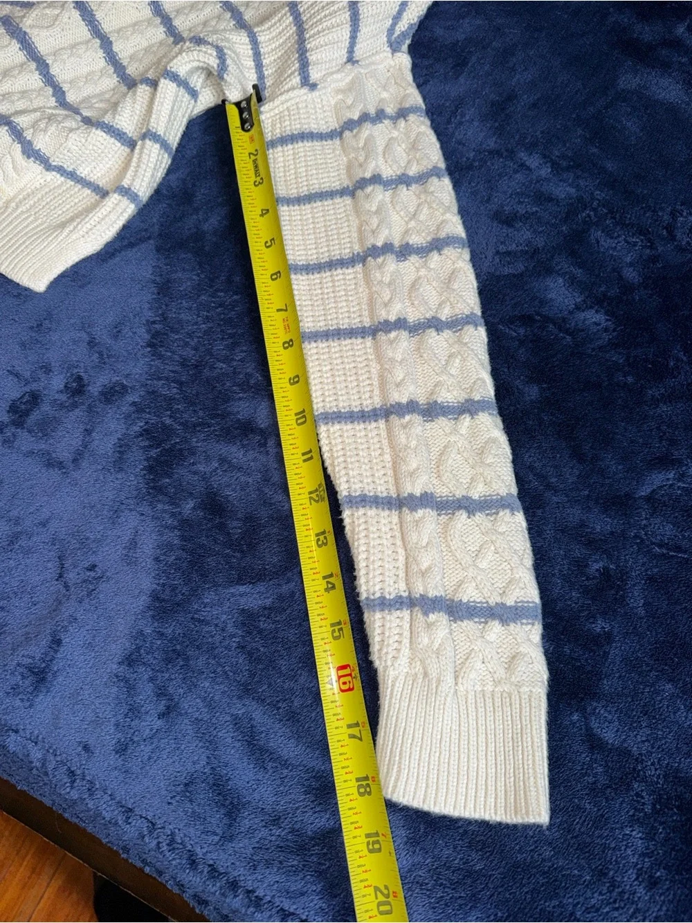 Aeropostale Cream Cable Knit V-Neck Sweater with Light Blue Stripes